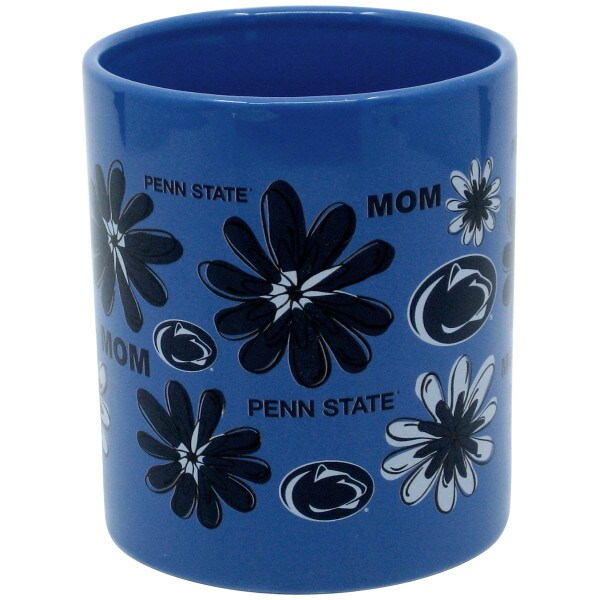 front view of blue ceramic mug with Penn State Mom, flowers, and Athletic Logos